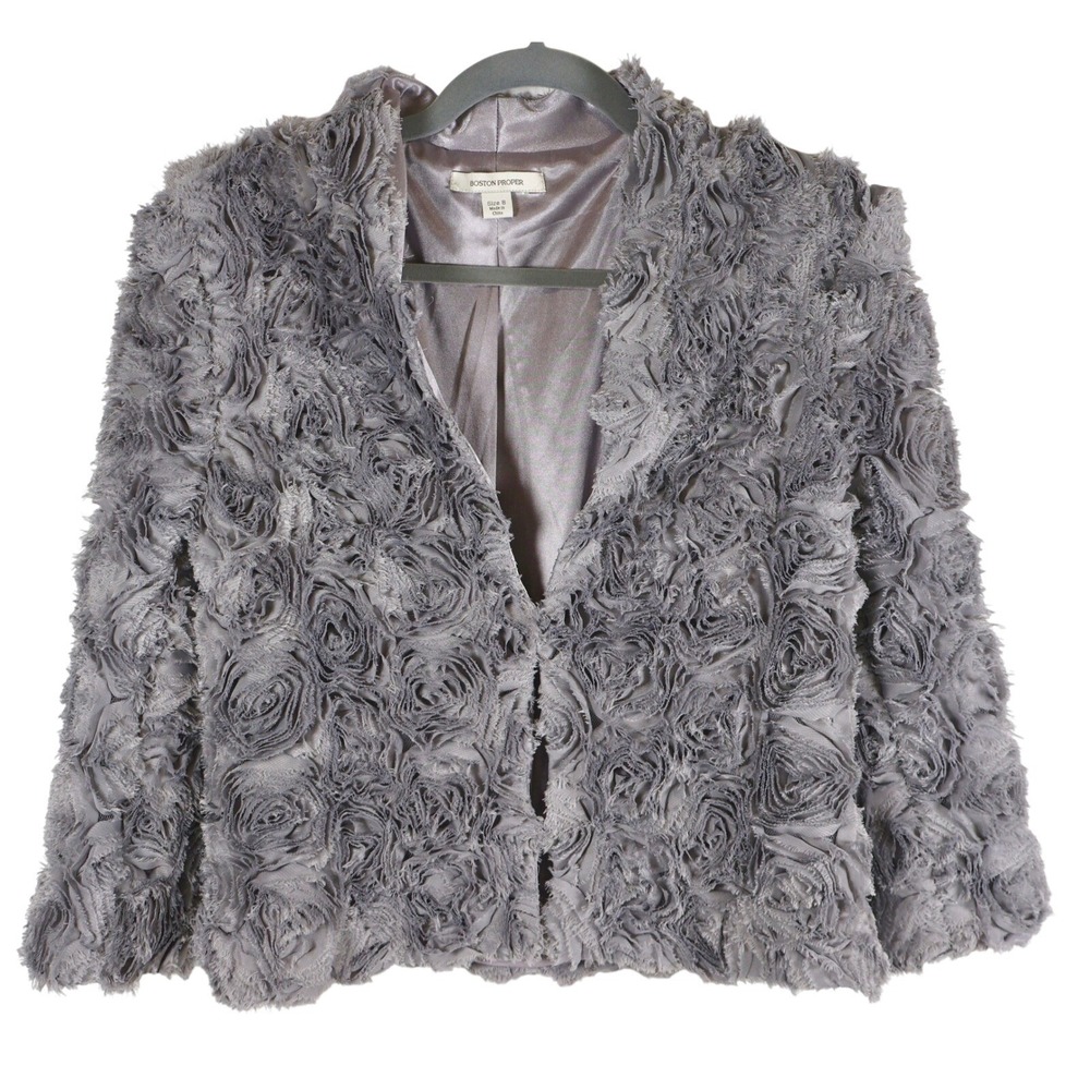 Boston Proper Grey 3D Rosette Textured Jacket Hook & Eye Size 8 Floral Evening